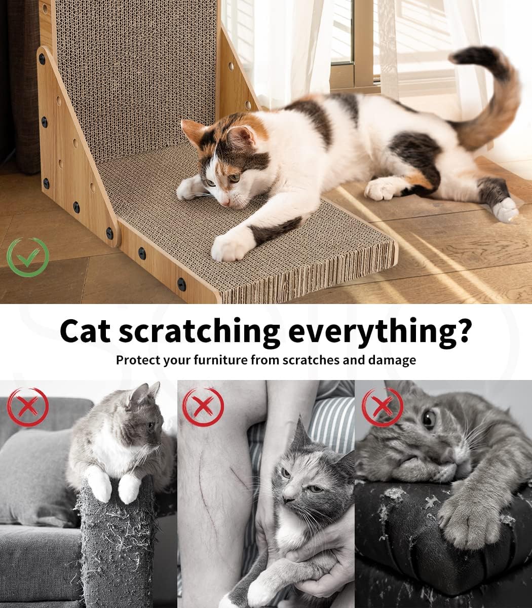 A cat scratching tower made of natural jute and wood is shown with a calico cat lying on it. The top panel includes the text 'Cat scratching everything? Protect your furniture from scratches and damage,' and the bottom row shows three grayscale before-and-after style photos of cats scratching furniture, with red X marks over the scratching actions at Pet Servo