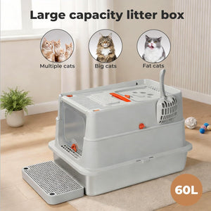 Pawz - XL Stainless Steel Cat Litter Box with Lid, Anti-Leakage Hooded Metal Litter Pan (Grey) at Pet Servo