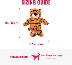 Sizing guide for a small tiger plush toy, showing its height as 10.16 cm and width as 17 at Pet Servo