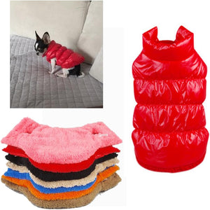 Red dog puffer vest on a white background with a small inset of a dog wearing the vest at Pet Servo