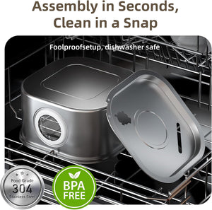 Metal kitchen appliance with a lid inside an oven, labeled 'Foolproof setup, dishwasher safe' at Pet Servo