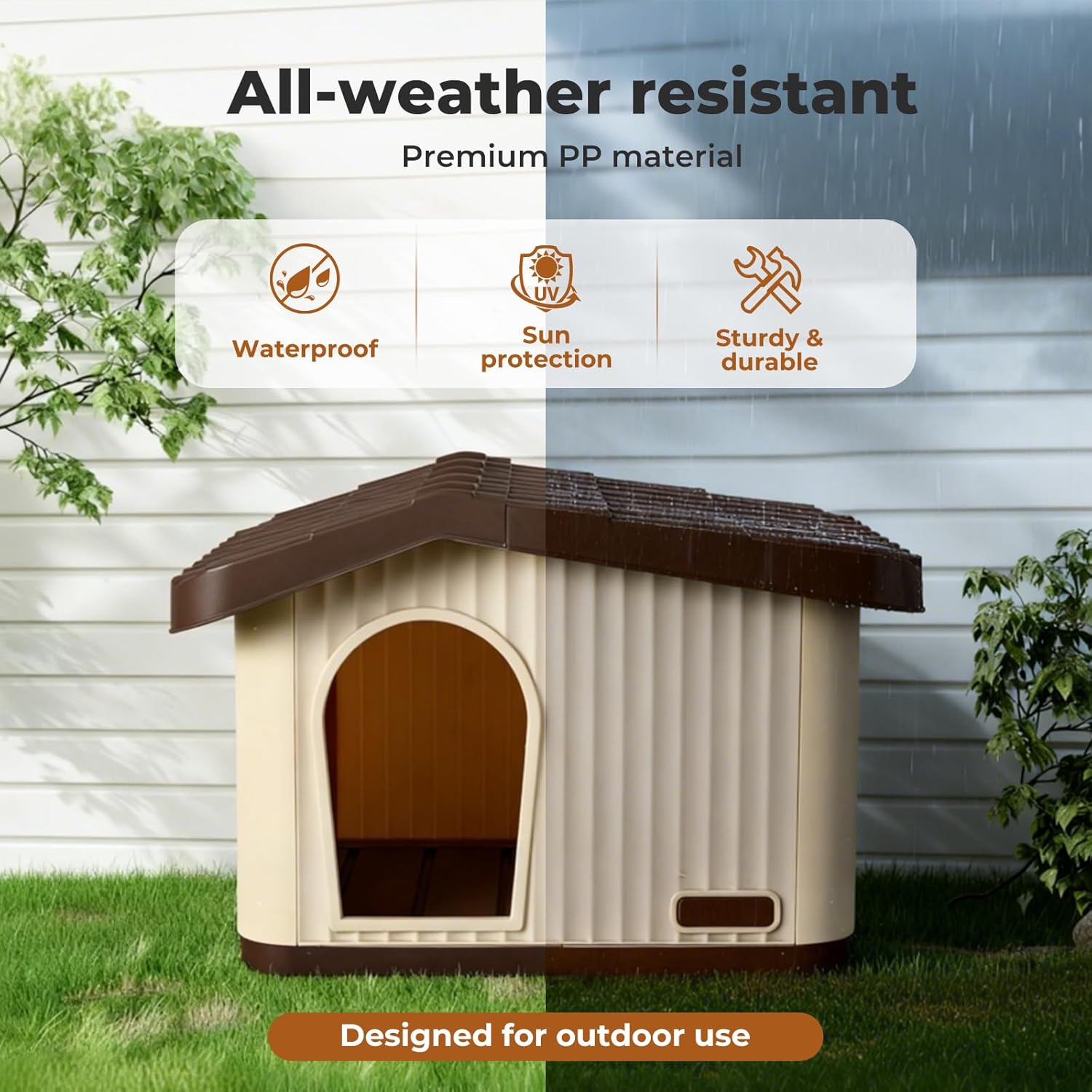 Doghouse with all-weather resistant features on a grassy background at Pet Servo