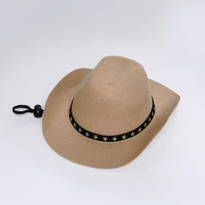 Beige cowboy hat with a black band featuring gold stars on a white background at Pet Servo