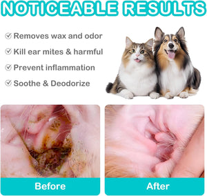 Two dogs and a cat with ear cleaning benefits listed, showing before and after ear cleaning images at Pet Servo