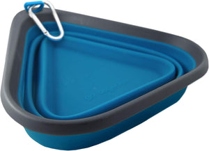 Collapsible blue pet water bowl with carabiner on a white background at Pet Servo