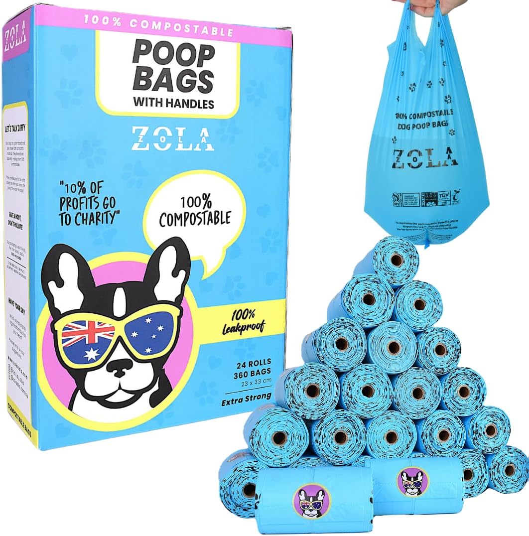 Zola poop bags with handles packaging and multiple rolls of bags on a white background at Pet Servo