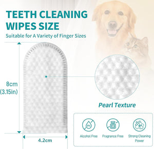 Teeth cleaning wipes for pets, showing a white arched wipe with dimensions of 8cm by 4.2cm, a circular inset highlighting the pearl texture, and a background with a dog and cat at Pet Servo