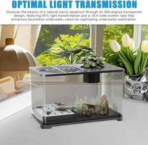 Small aquarium on a table with plants and decor, featuring text about light transmission at Pet Servo