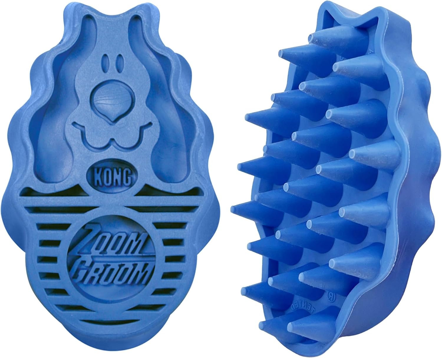 Blue KONG Zoom Groom dog grooming brush shown from two angles: one side with the dog face outline and embossed branding, and the other showing the bristle side at Pet Servo