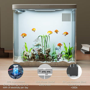 Modern fish tank with LED lighting, USB power socket, and water pump on a wooden floor at Pet Servo
