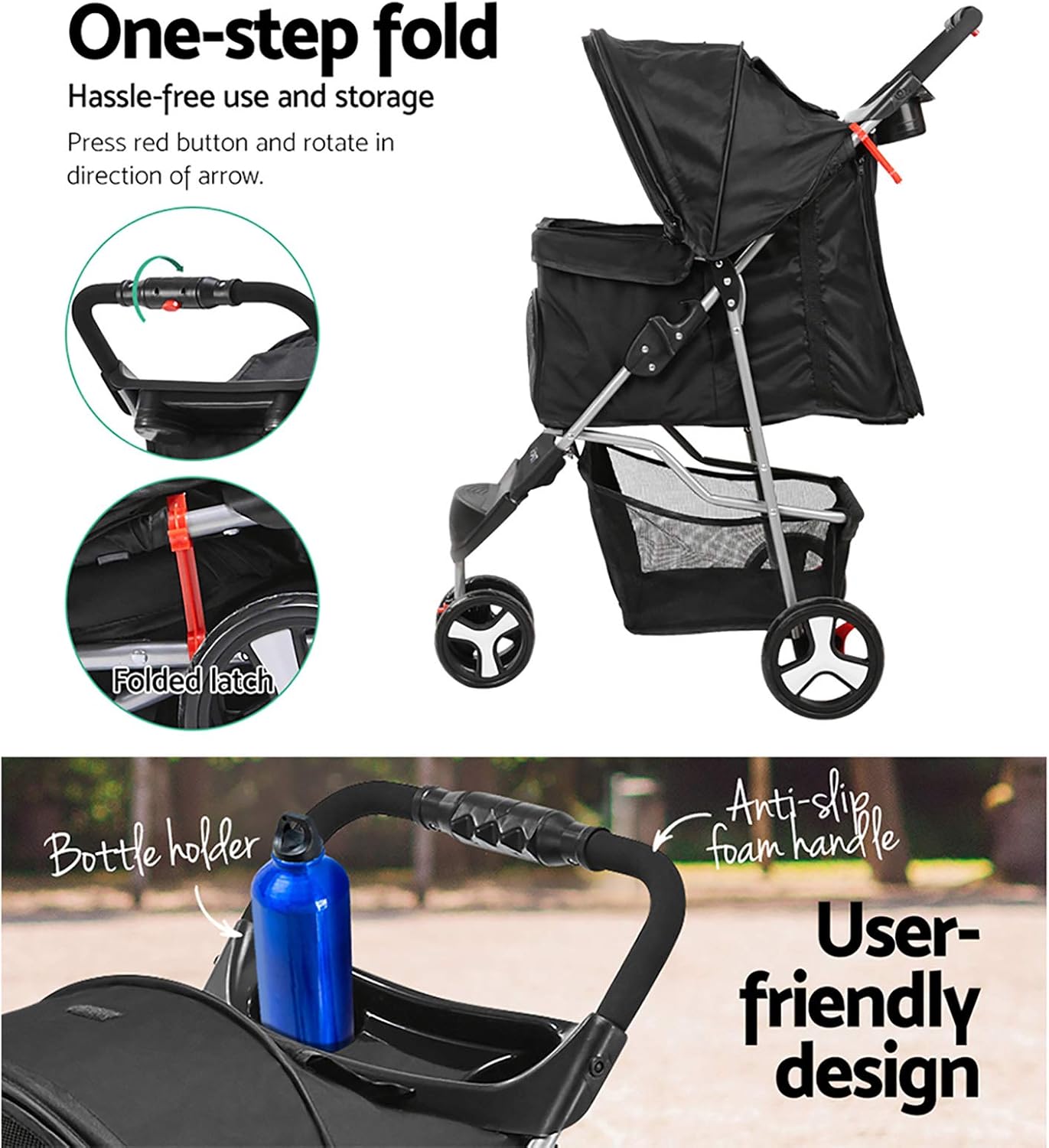i.Pet - Pet Stroller Pram Dog Cat Carrier Travel Pushchair Foldable 3 Wheels Large