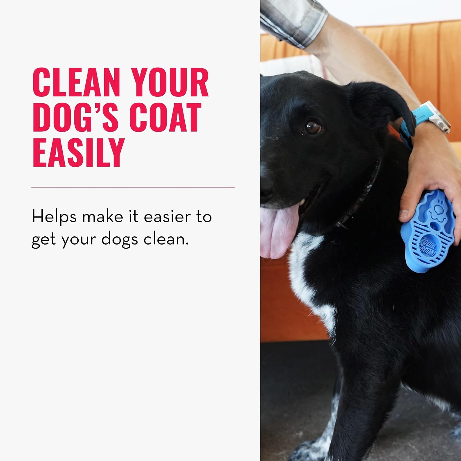 A black and white dog has its coat brushed by a person holding a blue pet grooming brush. The left side of the image features a white panel with bold pink and black text reading 'CLEAN YOUR DOG'S COAT EASILY' and a subtitle about helping make it easier to get your dog's coat clean at Pet Servo