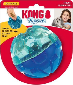 Kong Rewards Small Treat Dispenser dog toy in its original retail packaging. The blue and translucent teal ball-shaped dispenser is shown on a red and white card with a yellow insert, featuring the Kong brand logo and a photo of a girl and dog in the top right corner at Pet Servo