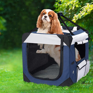 Dog sitting in a blue pet carrier on grass with greenery in the background at Pet Servo