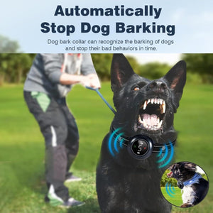 Dog wearing a bark collar with text about automatically stopping dog barking at Pet Servo