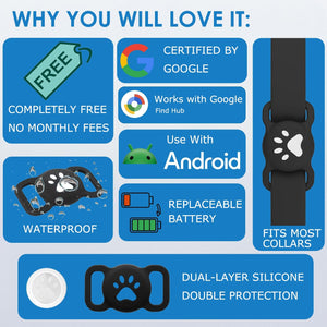 Product features with icons and text on a blue background at Pet Servo