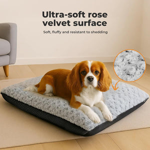 Dog lying on a plush pet bed with text about its ultra-soft rose velvet surface at Pet Servo