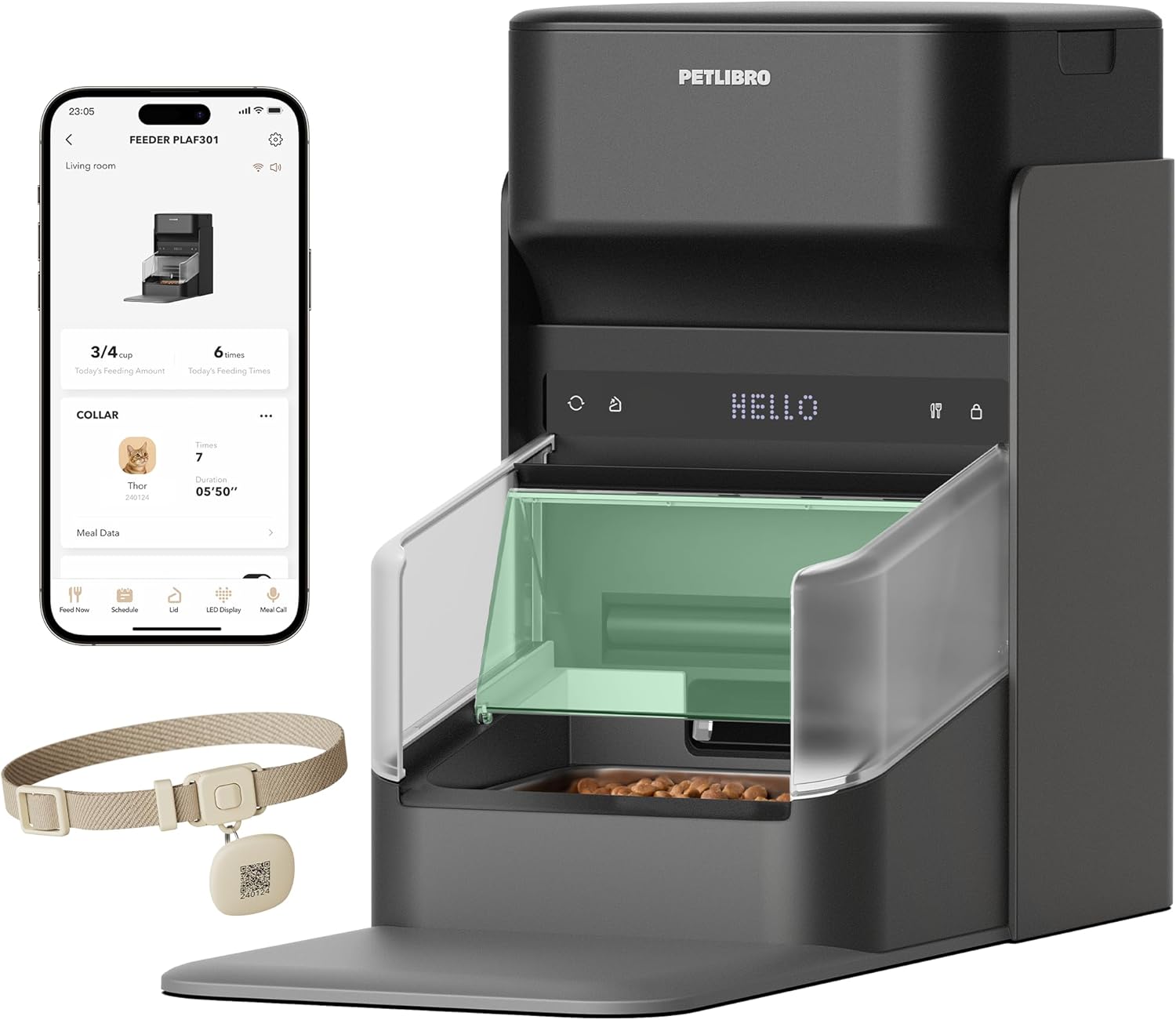 PetLibro pet feeding station with smartphone app and collar on a white background at Pet Servo