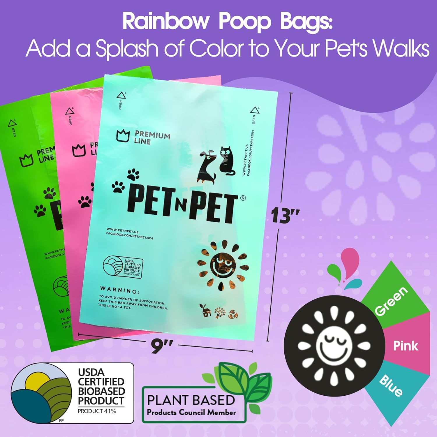 PET N PET - Dog Poop Bags – 270 Count, Plant-Based, Extra Thick, Scented, 18 Rolls, 9x13 Inch