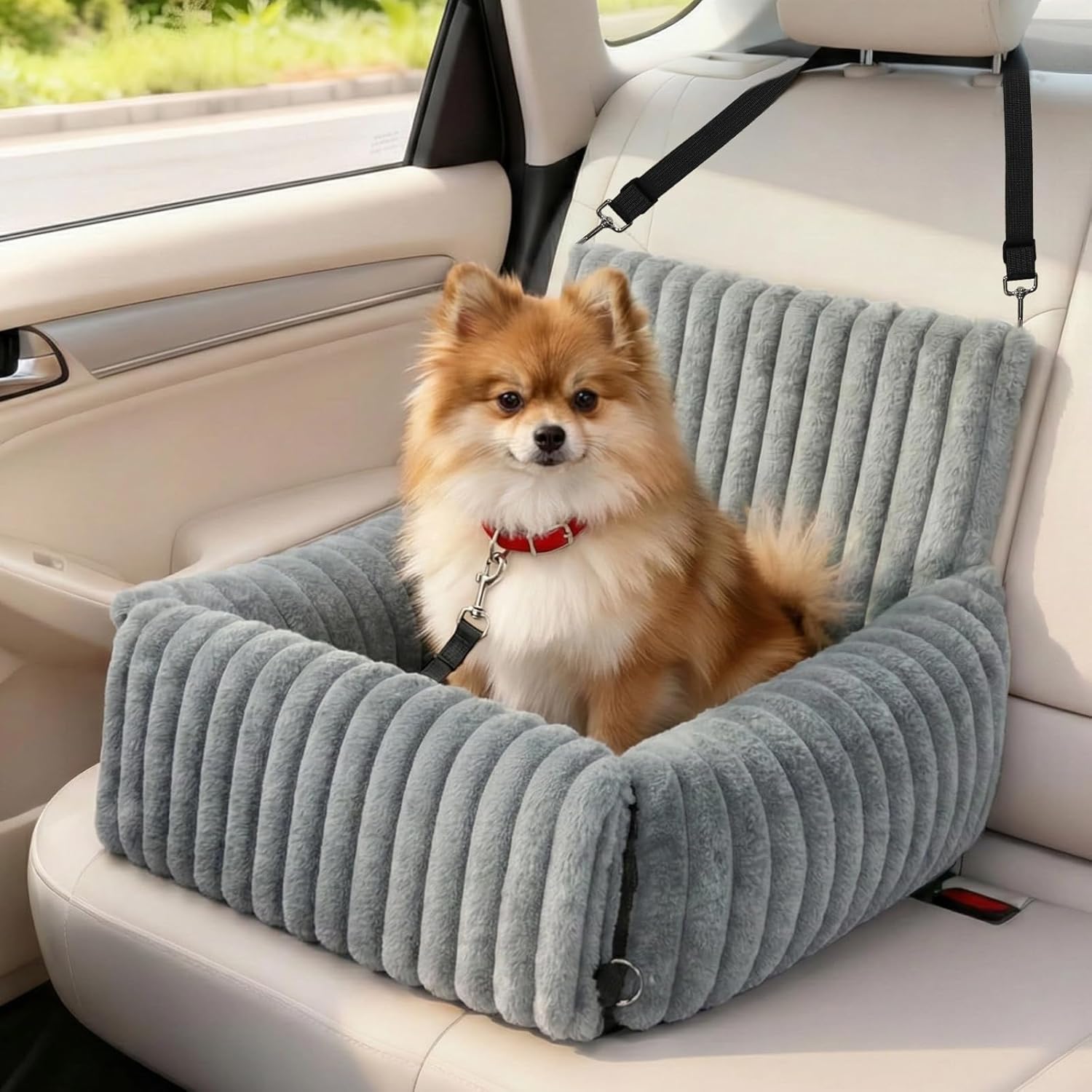 Dog sitting on a gray pet seat in a car at Pet Servo
