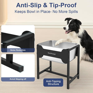 Pet feeding station with anti-slip and tip-proof features, featuring a dog and product details at Pet Servo