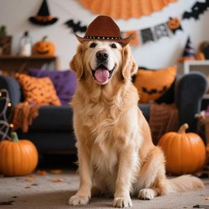A golden retriever dog wearing a brown cowboy hat sits in a cozy, decorated Halloween living room with pumpkins, a couch, and festive wall decorations at Pet Servo