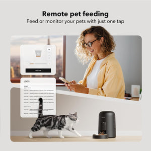 Woman using a smartphone with a pet feeding device and app interface on a screen.
