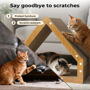 A house-shaped cat scratching platform shown in a living room with three cats interacting with it. The image includes marketing text reading 'Say goodbye to scratches' and bullet points about protecting furniture and being scratch-resistant at Pet Servo