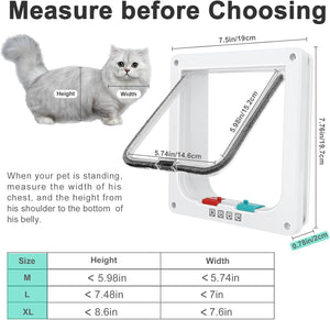 Measurement guide for a pet door with a gray cat and dimensions displayed.
