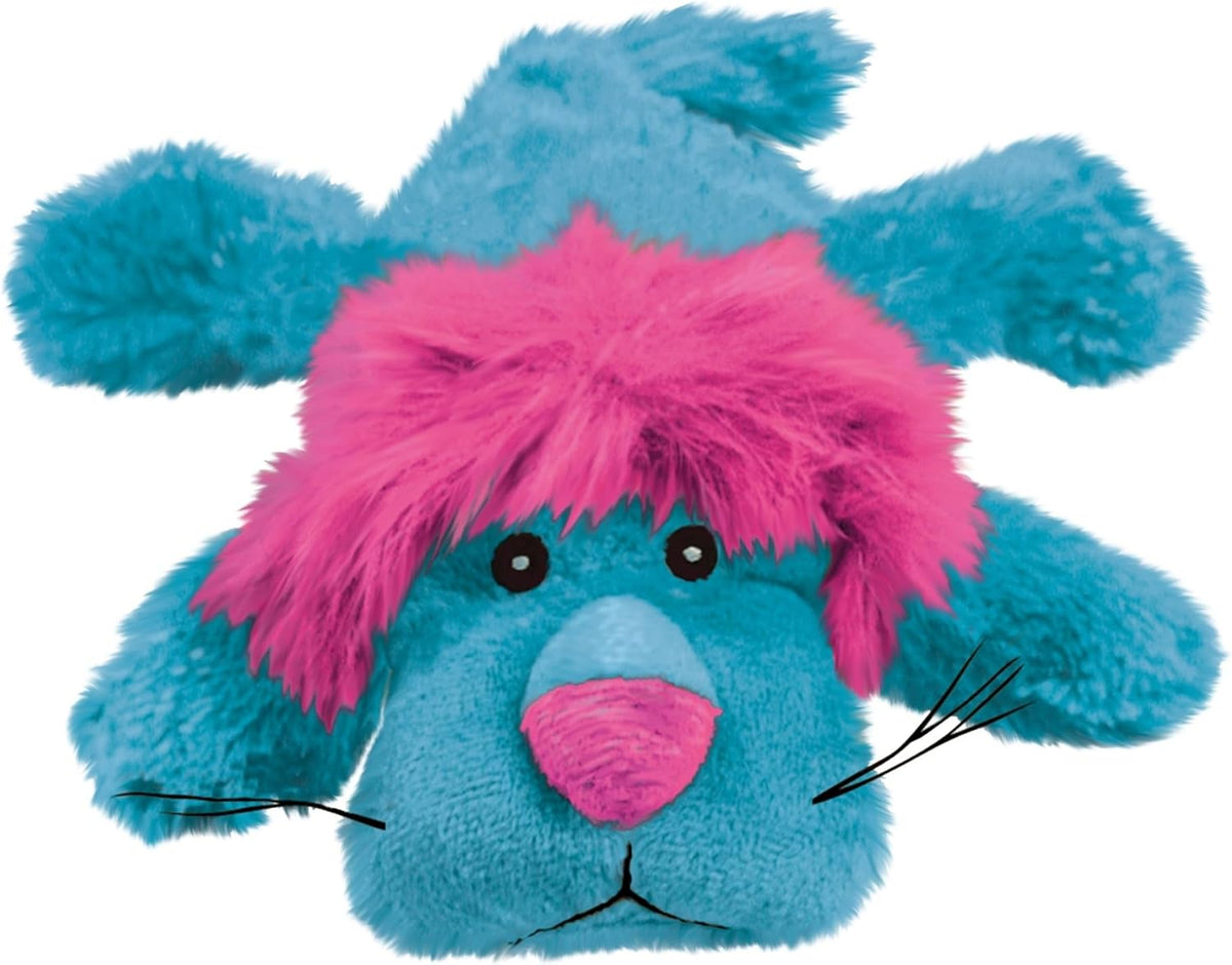 A blue plush dog toy with bright pink faux fur hair, black eyes, and a pink nose on a plain white background at Pet Servo