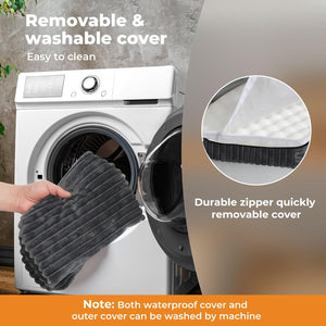 Gray cover with durable zipper, washing machine in background at Pet Servo