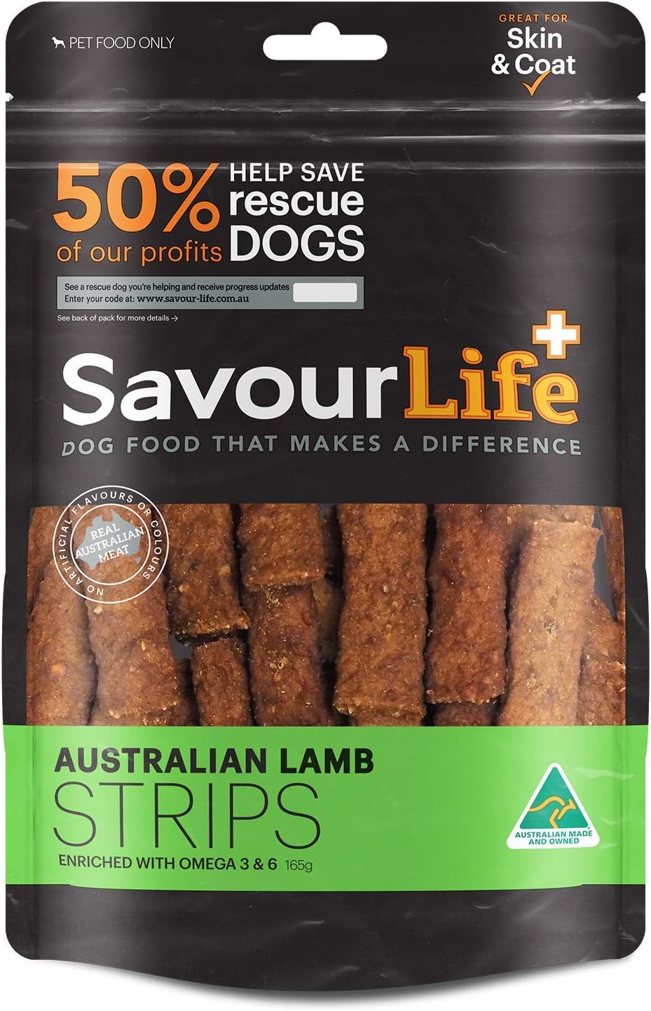 SavourLife Australian Lamb Strips dog food package with text about rescue dogs and omega enrichment at Pet Servo