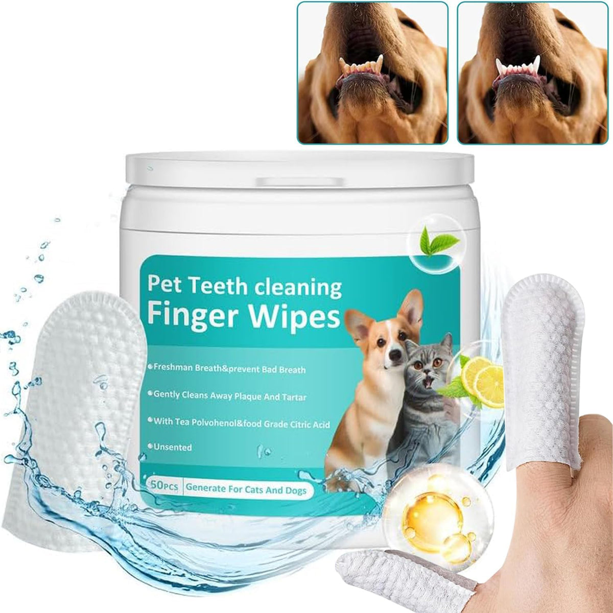 Pet teeth cleaning finger wipes with a container and examples of use on a dog's mouth at Pet Servo