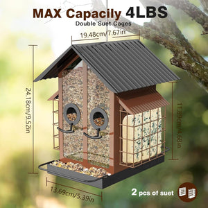 Bird feeder with measurements and capacity details on a natural background at Pet Servo