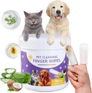 A jar of pet cleaning finger wipes with a cat and dog sitting on top, a hand holding a used white wipe, ingredient insets, and a white background at Pet Servo
