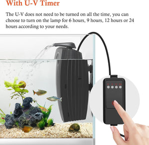 Aquarium with UV sterilizer and timer control panel, showing water flow and fish at Pet Servo