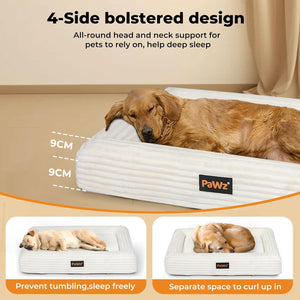 Dog lying on a 4-side bolstered pet bed with text highlighting features at Pet Servo