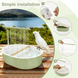 Bird bath with shower feature and a white cockatoo on a wooden deck with a scenic background at Pet Servo