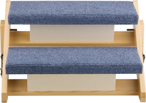 Two-step pet阶梯 with blue cushioned steps on a white background at Pet Servo