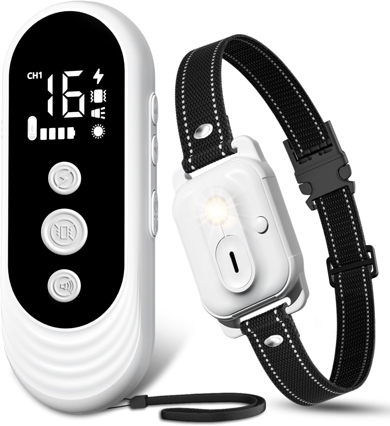 Dog training collar with remote control on a white background at Pet Servo
