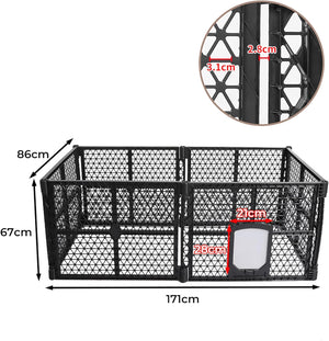 Black plastic pet gate enclosure with dimension annotations showing 171cm length, 86cm width, and 67cm height, plus a circular inset showing close-up gate measurements at Pet Servo
