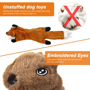 Unstuffed dog toy with embroidered eyes on a white background at Pet Servo