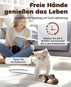 Cat playing with a toy on a white surface, with text about automatic pet toy with touch activation at Pet Servo
