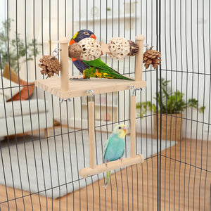 Birds on a wooden perch inside a birdcage with a blurred indoor background at Pet Servo