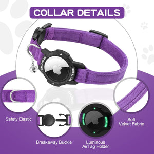 Purple dog collar with a black breakaway buckle and an integrated circular AirTag holder, shown with labeled detail callouts including safety elastic, breakaway buckle, luminous AirTag holder, and soft velvet fabric at Pet Servo