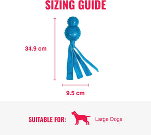 A blue rubber dog toy with a knotted ball top and four long ribbon tails, shown on a white background with red measurement labels indicating 34.9 cm height and 9 at Pet Servo