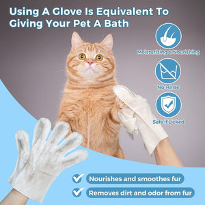 Cat being groomed with gloves, highlighting benefits like moisturizing, no-rinse, and safe for licking at Pet Servo