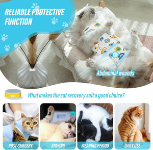 Cat wearing a recovery suit with text highlighting its use for abdominal wounds and various stages of a cat's life at Pet Servo