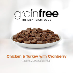 Cat food in a bowl with 'grainfree' branding on a white background