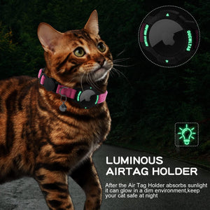 Cat wearing a luminous air tag holder with text about its functionality at Pet Servo